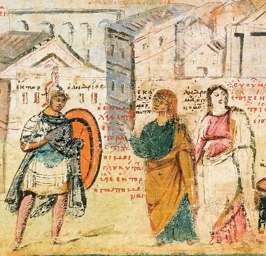 Ambrosian Iliad, 5th-century Byzantine manuscript, illumination depicting Hector, his mother Hecuba and his wife Andromache