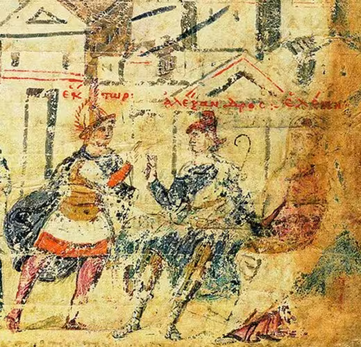 Ambrosian Iliad, 5th-century Byzantine manuscript, illumination depicting Hector, Paris (Alexander) and Hellen
