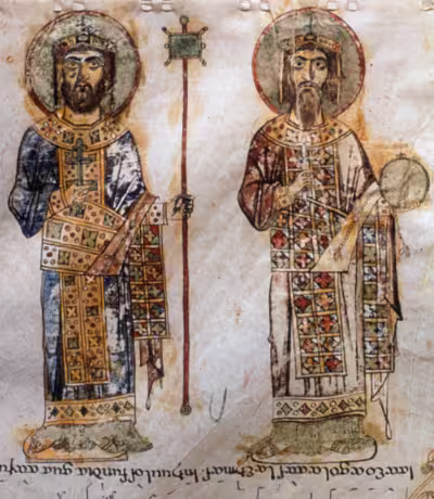 Miniature from the Bari Exultet Roll depicting the co-emperors Basil II and Constantine VIII, haloed and in full imperial regalia.
