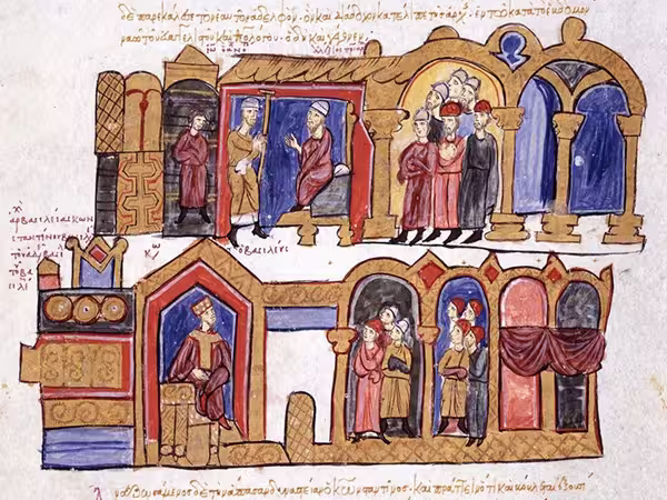 Skylitzes manuscript, a sick and weak Basil II organizes his succession ; his brother Constantine VIII rules as sole emperor after his death