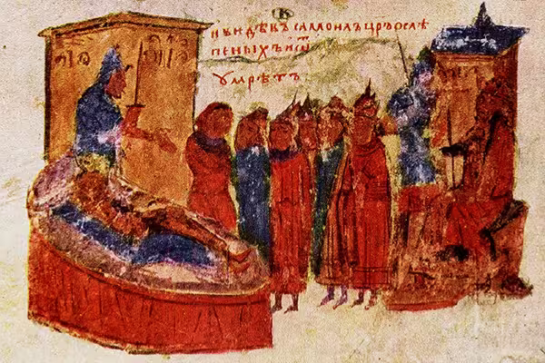 Medieval miniature depicting the death of Tsar Samuel at the view of his blinded soldiers after the battle of Kleidion, 1014, the decisive Byzantine victory over under Emperor Basil II
