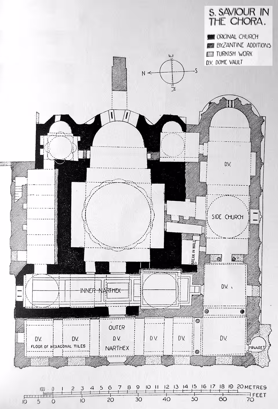 Plan of the Chora complex in Istanbul: the main church, the inner narthex and the parraklesion. Work by Millingen, 1912.