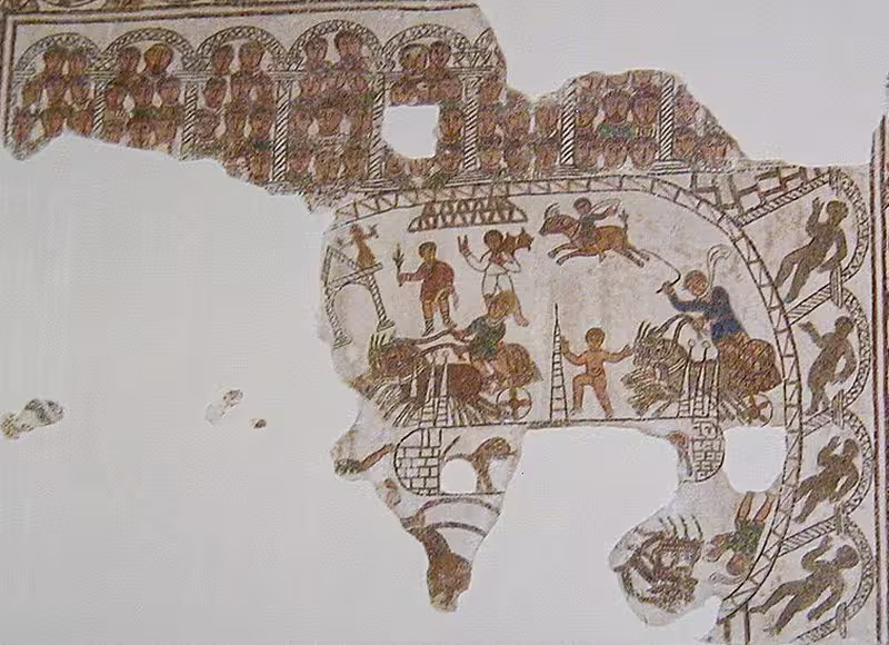 Floor mosaic depicting chariot races in the Circus of Gafsa, Tunisia, 6th century.