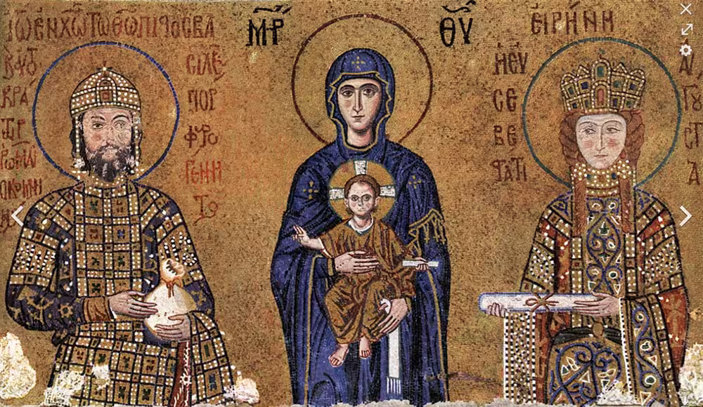 Byzantine mosaic panel in the Hagia Sophia, depicting the emperor John II Komnenos with his wife Irene-Piroska with the Virgin and Christ