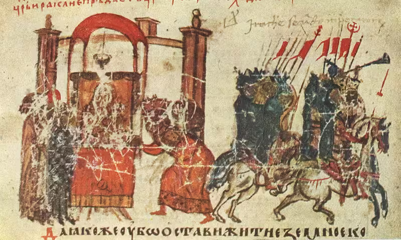 Illustrations from the Manasses Chronicle, 12th century, showing Heraclius venerating an icon of the Virgin before his campaign against the Persians