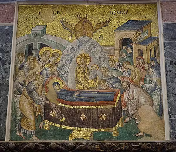 Mosaic depicting the Koimesis - dormition of the Virgin, in the main church of the Chora monastery, Istanbul