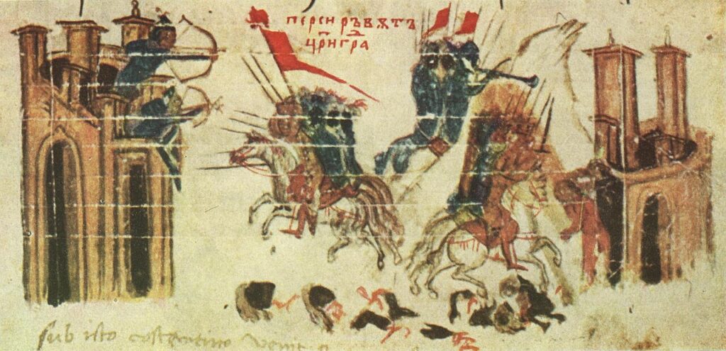 Illumination of the Manasses Chronicle, 14th century, depicting Heraclius attacking a Persian fortress while the Persians besiege Constantinople