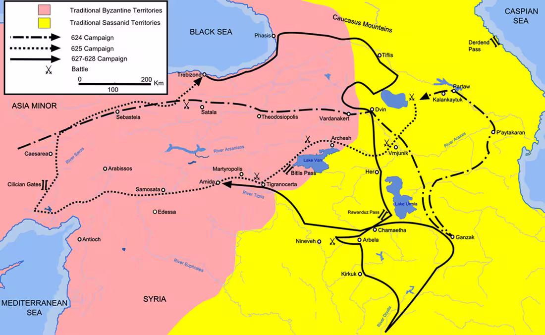 Map showing the campaigns of Heraclius in Campaigns of Heraclius in 624, 625, and 627–628 through Armenia, Anatolia, and Mesopotamia
