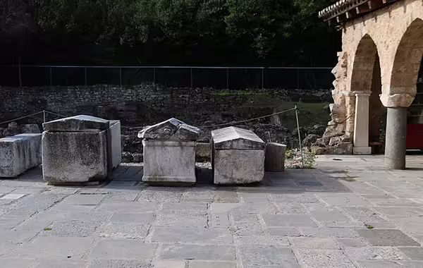 Monastery of Daphni in Athens, medieval sarcophagus in the courtyard. 