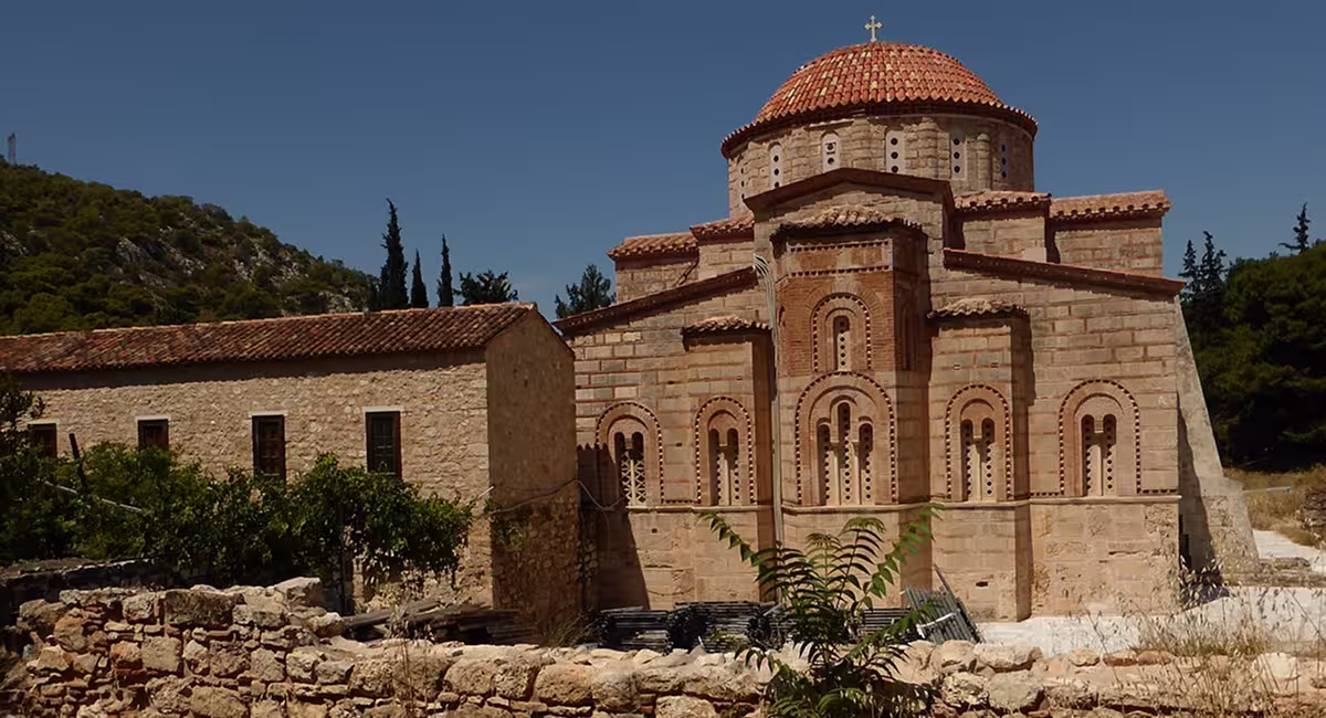 View of the Daphni Monastery, near Athens, home to splendid Byzantine mosaics