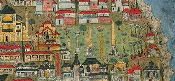 Ottoman miniature detail showing the ruins of the Hippodrome of Constantinople, 1537.