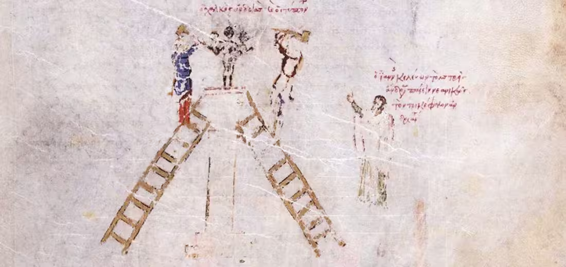 Miniature from the Skylitzes manuscript, Patriarch John VII orders the destruction of a three-heads statue in the hippodrome of Constantinople