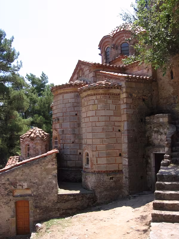 View of the katholicon of the Peribleptos monastery in Mystras, Peloponnese, Greece