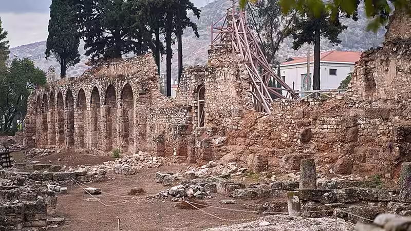 Part of the precinct wall of Daphni Monastery that could date back to Justinian, seen in 2019 after its partial collapse following the earthquake