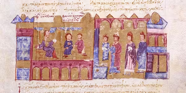 Medieval Byzantine miniature from the Madrid Skylitzes showing Emperor John Tzimiskes on a throne next to the young child-emperors Basil II and Constantine VIII, who sit safely on a bench under a red Greek inscription. Courtiers and senators stand on the right to swear allegiance to the new ruler.