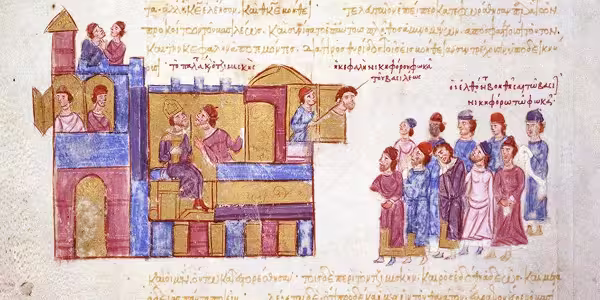 Miniature from the illuminated Madrid Skylitzes manuscript depicting the Tzimiskes Coup and the diplay of Nikephoros II Phokas head, the event that shaped Basil II's childhood