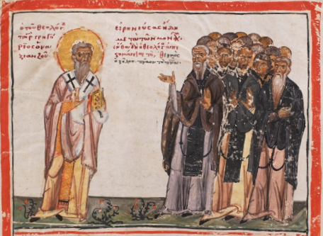 Reconciliation between Gregory the Elder, Bishop of Nazianzus and the monks who had separated from him during a doctrinal schism. 13th century illumination from the Commentary on the Orations of St. Gregory of Nazianzus by Elias of Crete, Manuscript in the Basel University, public domain