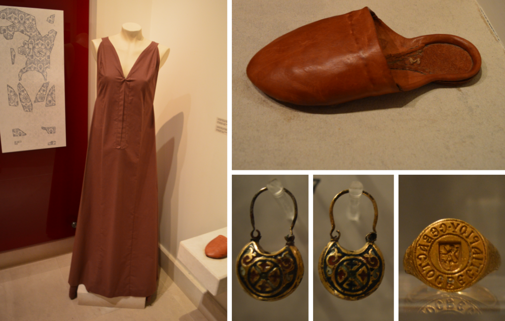 Reconstruction of Byzantine elite dress and footwear, along with jewelry recovered from tombs in Mystras, Greece