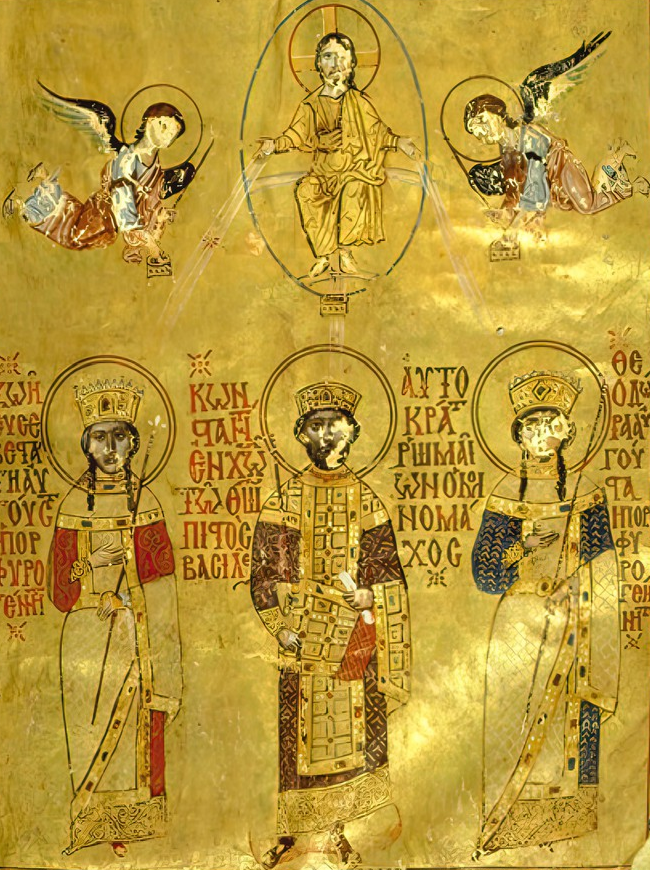Byzantine imperial miniature showing Constantin VIII and his sisters Zoe and Theodora. St Catherine monastery, 1047