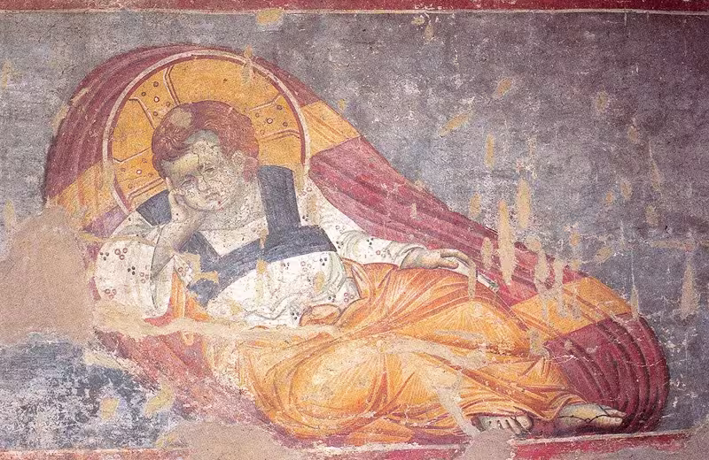Reclining Christ by Manuel Panselinos, Protaton Church (Athos), 14th century