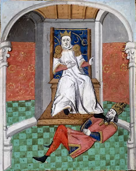 Alp Arslan humiliating Romanos IV, 15th century french translation of Boccaccio's De Casibus Virorum Illustrium