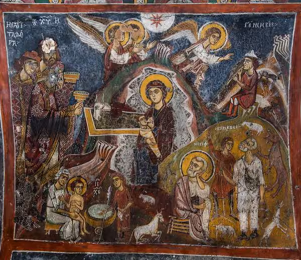 Nativity, 13th-century fresco in the Byzantine Church of Agioi Theodoroi, or Omorphi Ekklisia, on the island of Aegina
