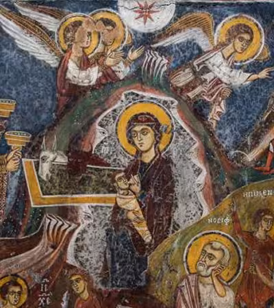 Detail of the fresco depicting the Virgin Galaktotrophousa (the nursing Virgin), in the Omorphi Ekklisia in Aegina, Greece