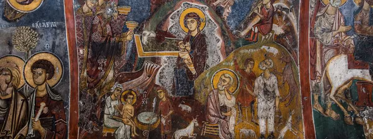 Fresco depicting the Virgin Galaktotrophousa (the nursing Virgin), in the Omorphi Ekklisia in Aegina, Greece