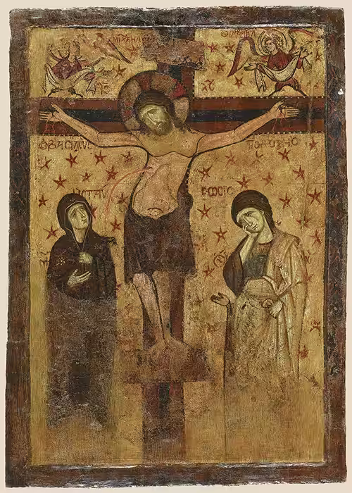 Double sided icon depicting a Byzantine Crucifixion (9th to 13th century) and a post-Byzantine Hodegetria. Byzantine and Christian museum, Athens.