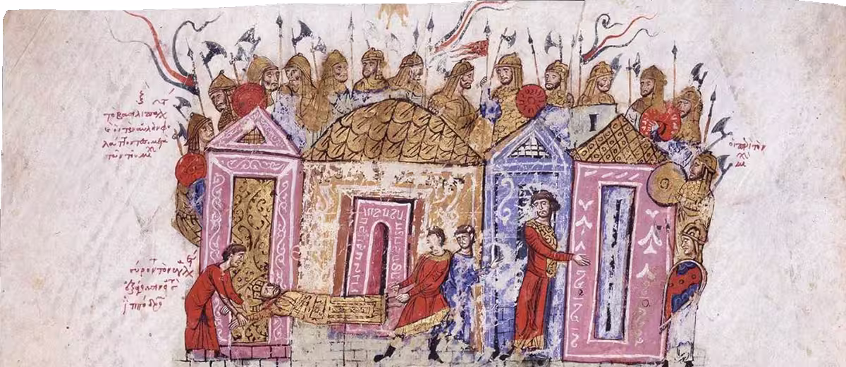 Depiction of the Varangian Guard, Byzantium's Viking and Anglo-Saxon Bodyguard, in the Madrid Skylitzes manuscript