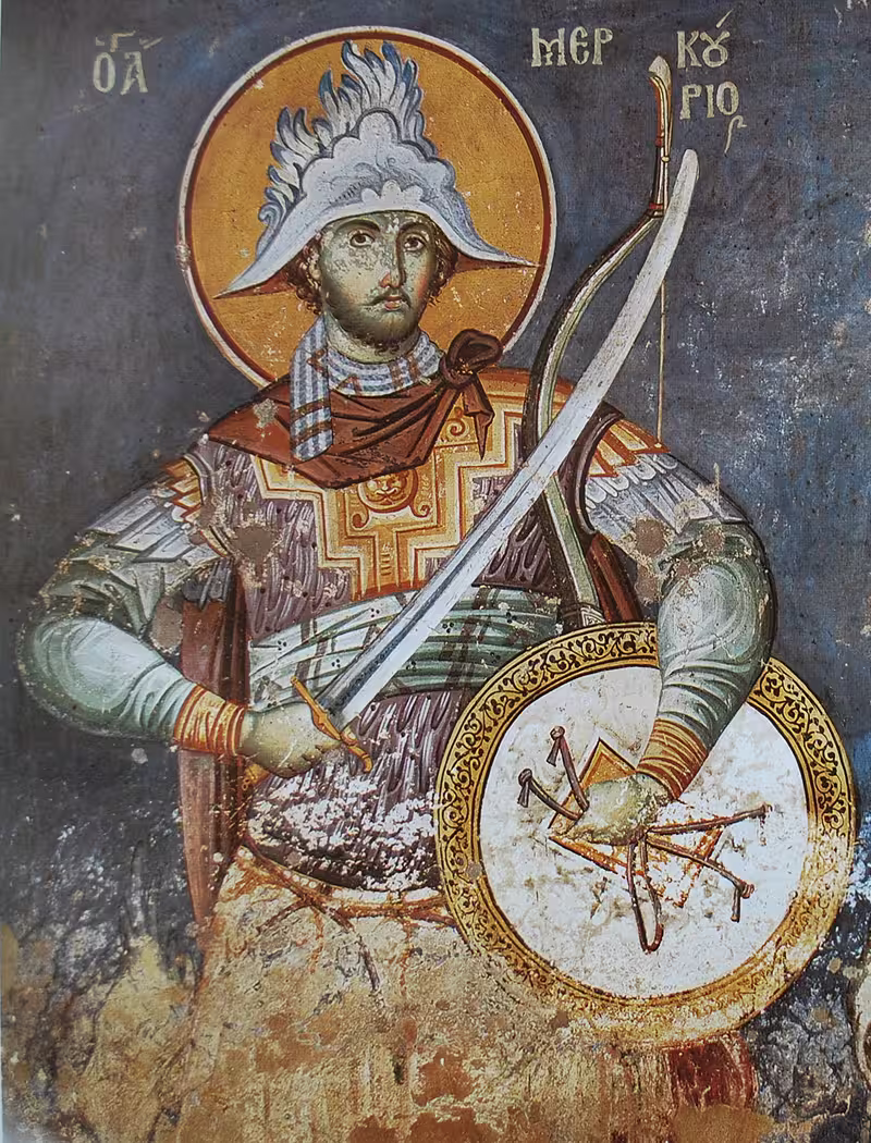 Saint Mercurius, military saint fresco by Manuel Panselinos, between 1290 and 1310, Mount Athos