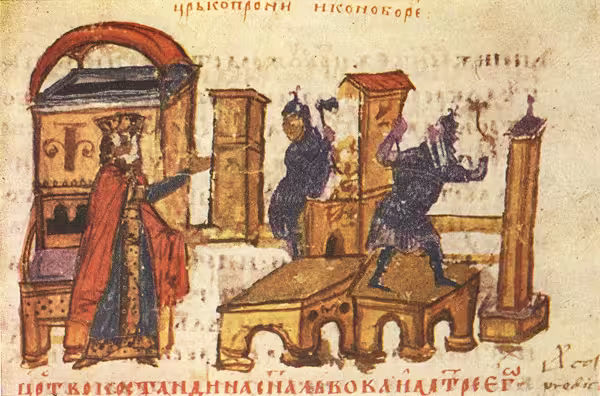 Iconoclastic Byzantine Emperor Constantine V orders the destruction of a church, Illumination in the Manasses Chronicle, 14th century