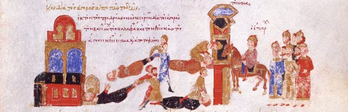 Illumination of the Madrid Skylitzes, 12th century. The events following the deposition of Emperor Michael V in April 1042
