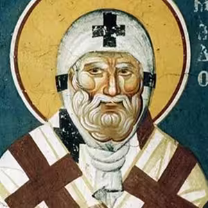 Saint Methodios, Patriarch of Constantinople, depicted in a fresco of the Theotokos Peribleptos church in Ohrid, ca. 1350, painting by Michael and Eutychios