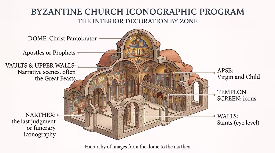 Diagram of the decoration of a Middle Byzantine church, from the dome to the narthex.