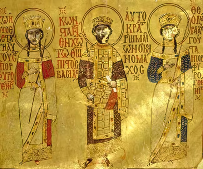 Byzantine imperial miniature showing Constantin VIII and his sisters Zoe and Theodora. St Catherine monastery, 1047