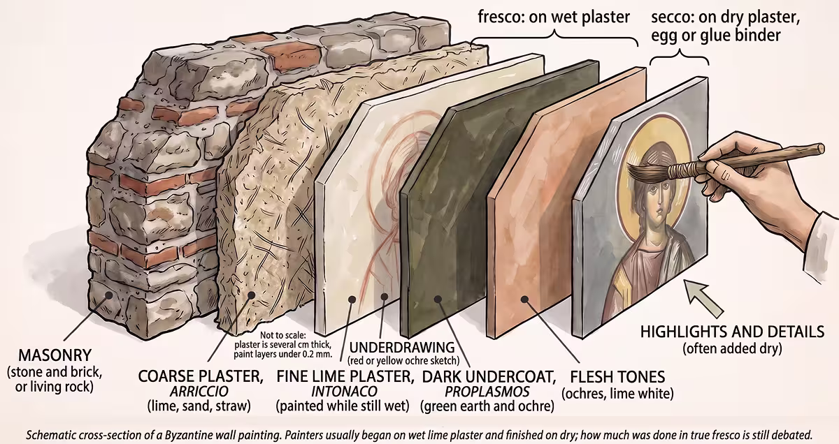 Cross-section diagram of a Byzantine wall painting, from masonry through coarse and fine lime plaster to the underdrawing, undercoat, flesh tones and highlights, showing fresco and secco stages