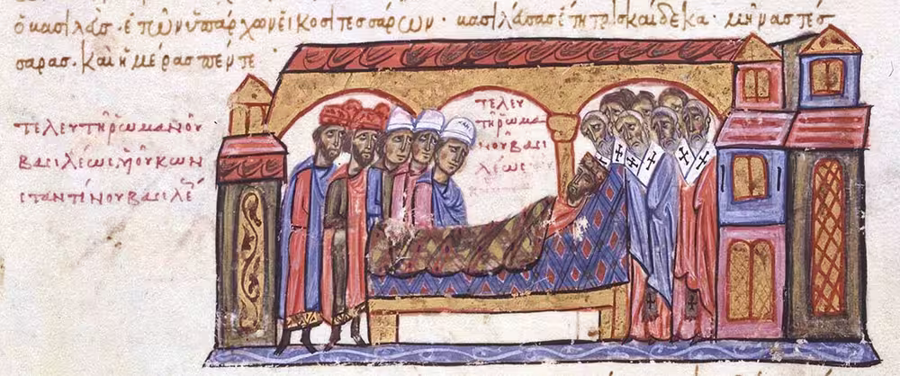 Death of Romanos II, empress Theophano's first husband, illumination from the Madrid Skylitzes, 12th century