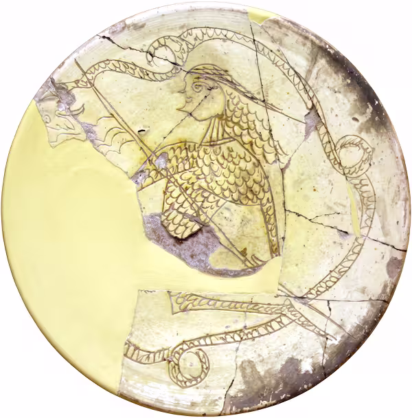 Digenes Akritas with the dragon, ceramic found in the excavations of the agora in Athens, 12th century, in display in the Ancient Agora Museum, Athens