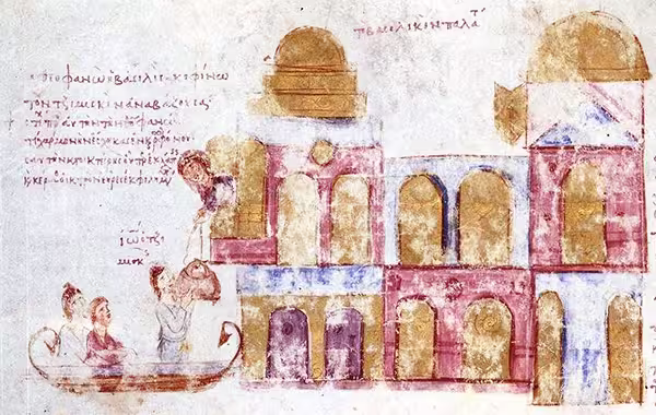 Empress Theophano helps the conspirators enter the imperial palace using a basket to assassinate Nikephoros Phokas, illumination from the Madrid Skylitzes, 12th century
