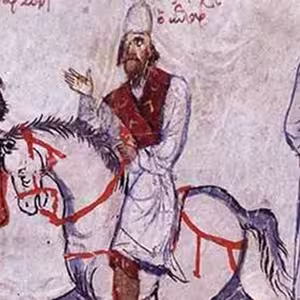Depiction of the Iconoclastic patriarch John VII the Grammarian departing on a diplomatic embassy, Madrid Skylitzes manuscript, 12th century