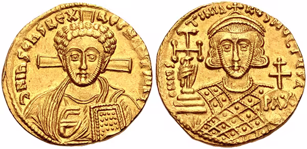 Solidus of Justinian II, showing the emperor and Christ Pantokrator