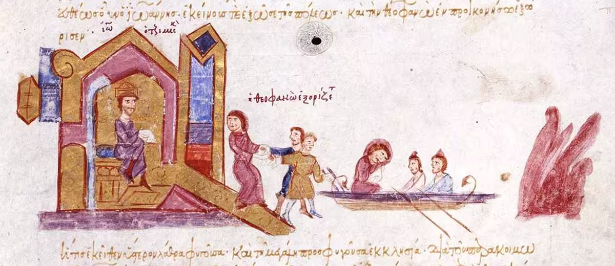 John Tzimiskes orders the exile of Empress Theophano, illumination from the Madrid Skylitzes, 12th century