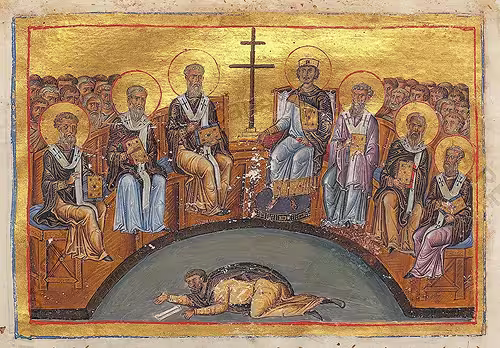 Emperor Constantine VI presided over the Second Council of Nicaea. Illumination from the Menologion of Basil II (976-1025), kept in the Vatican Library. Constantine's mother, Empress Irene of Athens, is not depicted in the illumination.