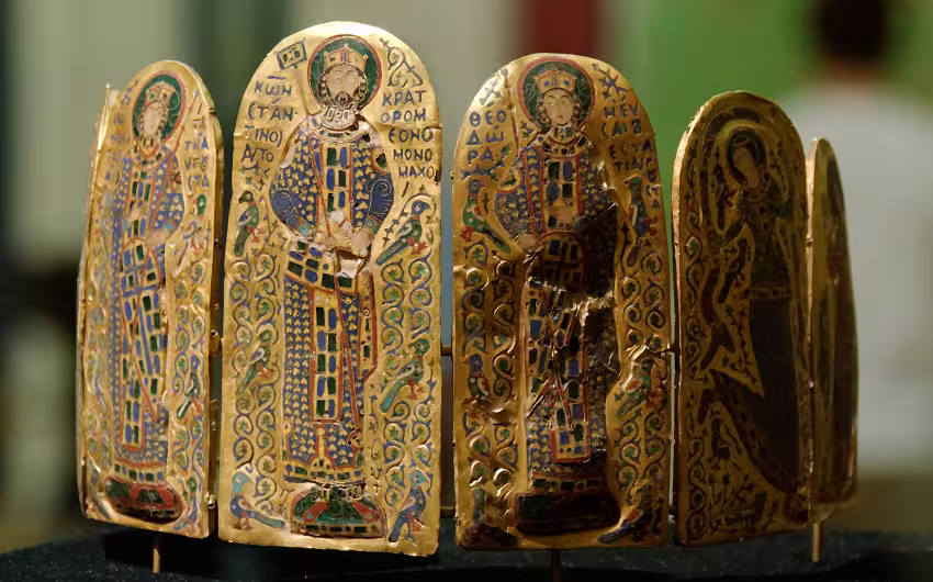 Monomachos crown. Byzantine cloisonné enamel plaques, probably parts of a crown, 11th century