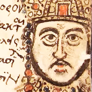 Iconoclast Byzantine Emperor Constantine V depicted in the Mutinensis codex, 15th century