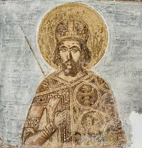 Fresco in the Aigialeia Church depicting last Byzantine emperor Constantine XI Dragases Palaiologos