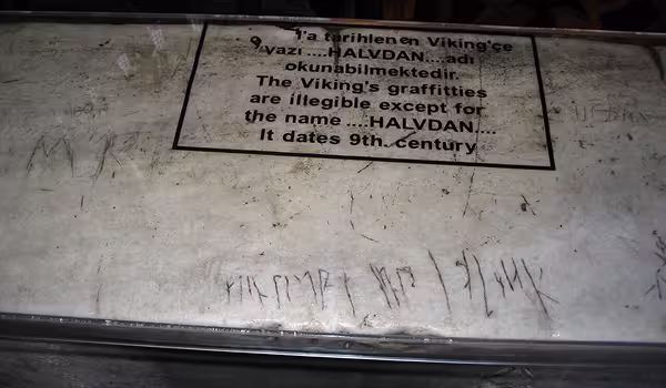 Viking runic graffiti carved in the marble of Hagia Sophia by a member of the Varangian Guard