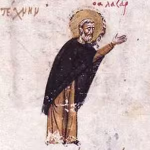 Saint Lazaros Zoographos, icon painter persecuted by Theophilos, depicted in the Madrid Skylitzes manuscript, 12th century