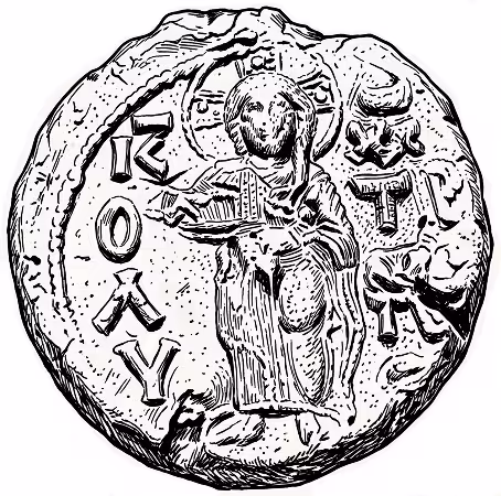 Sketch of the reverse of the seal of Empress Irene Laskarina recovered during excavations at the medieval site of Perperikon, Bulgaria, depicting Christ Redeemer